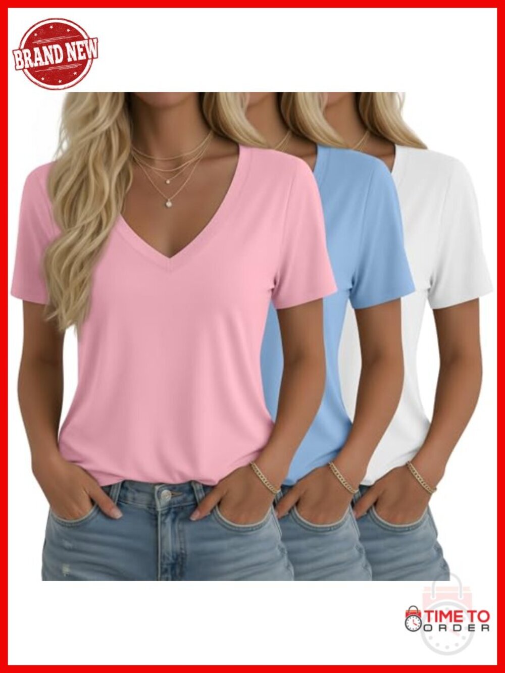 3-Pack Women's V-Neck Tunic Tops Short Sleeve Curved Hem Loose Fit Summer Tees